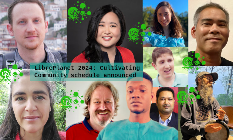 Collage of headshots of ten LibrePlanet 2024 speakers: David Wilson, Hayley Tsukuayama, Olivia Gallucci, T. Kim Nguyen, Christina Haralanova, Jurgen Gaeremyn, Crescent Omeje, Corwin Brust, Matt Campbell, and Shivanand Edrami.